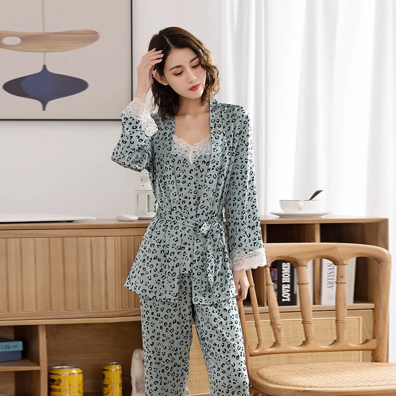 Leopard Print Satin Ice Silk Pajamas For Women In Spring And Summer Thin Suspenders Outerwear Pants Three Piece Home Outfit