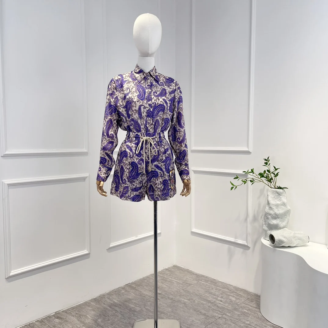 

Purple Silk 2023 Top Quality Latest Summer Commtuer Vintage Paisley Printing Emboridery Long Sleeve Blouse and Shorts Woman Set