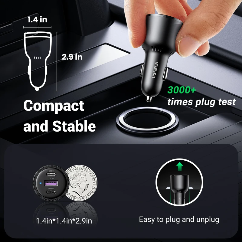 UGREEN 69W Car Charger USB Type C Dual Port PD QC 4.0 3.0 Fast Charging For Laptop Car Phone Charger For iPhone 14 13 12 Samsung