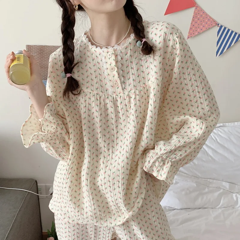 

100% Cotton Pajama For Women Sweet Broken Flowers Pijamas Feminino Soft Sleepwear PJ 2022 Fashion Pure Cotton Pyjama Femme