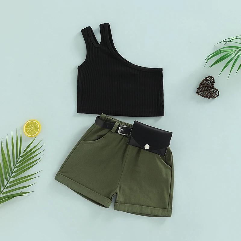 

1-6Y Girl Clothes One Shoulder Ribbed Sleeveless Tank Tops Solid Color Elastic Shorts with Waist Bag Summer Two Piece Outfit
