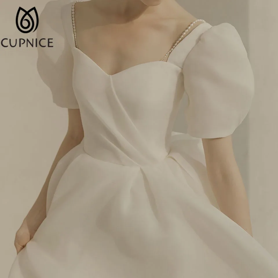 

CUPNICE Vintage Elegant Square Collar Short Sleeve Backless Puff Sleeve Bandage A-line Simple White French Wedding Dresses