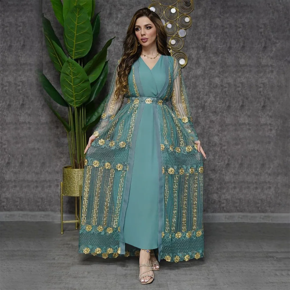 XQY500140 Middle East 2023 New Embroidered Mesh Cloth Coat with Chiffon Sundress Suit Kaftan Dress Muslim Abaya Dress Dubai