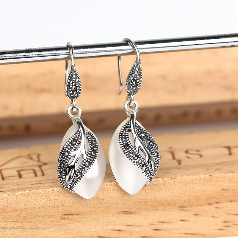 ZHJIASHUN 100% 925 Female Sterling Silver Earrings White Opal Drop Earrings For Women Natural Gemstones