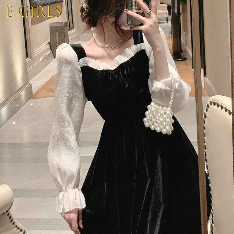 

E GIRLS Black Dress Women Square Collar Long Sleeve Evening Party Retro Gothic Dress Female One Piece Dress Korean 2020 Autumn