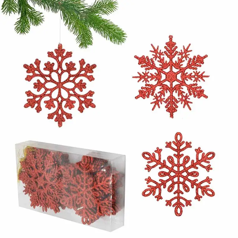

Блестящая Снежинка украшения, 24 шт., рождественские украшения, блестящие подвесные снежинки, Золотой/Серебряный/красный