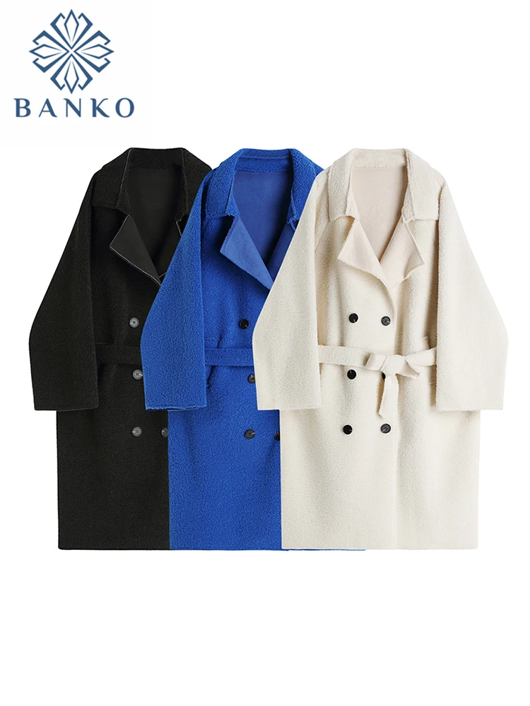 

Women's Winter New Lapel Solid Color Woolen Coat Double Breasted Vintage Female Outerwear Elegance With Belt Overcoat Lambs Wool