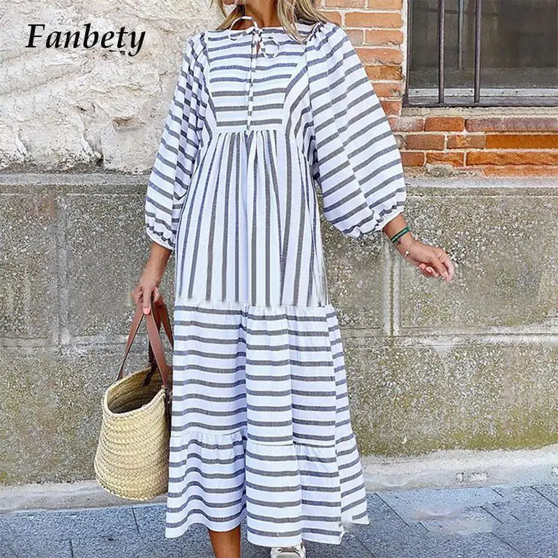 

New Women O Neck Stripe Print Long Dress Vintage Lantern Long Sleeve Loose Dress Spring Casual Lace Up Maxi Beach Dress Vestidos