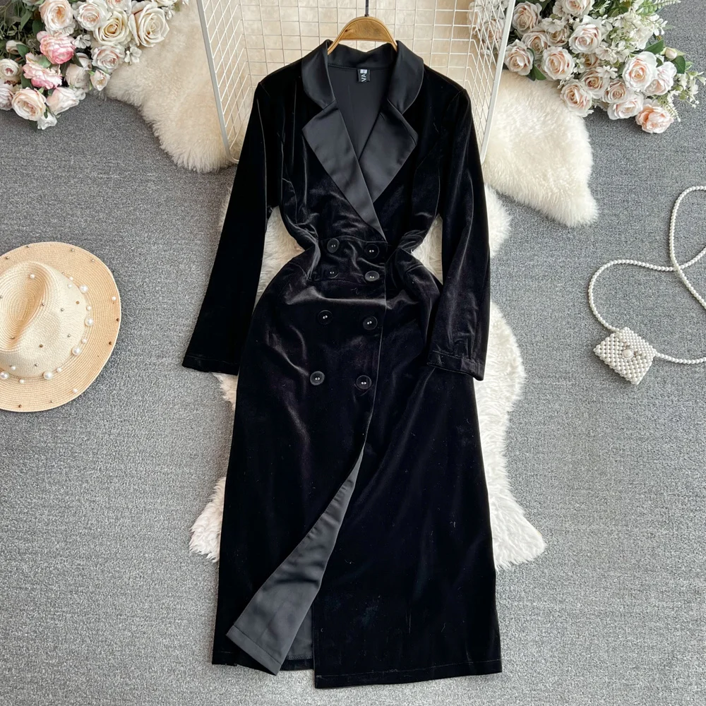 

Осенне-зимнее высококачественное роскошное Женское пальто с длинным рукавом, V-образным вырезом и поясом, облегающие платья миди для офиса