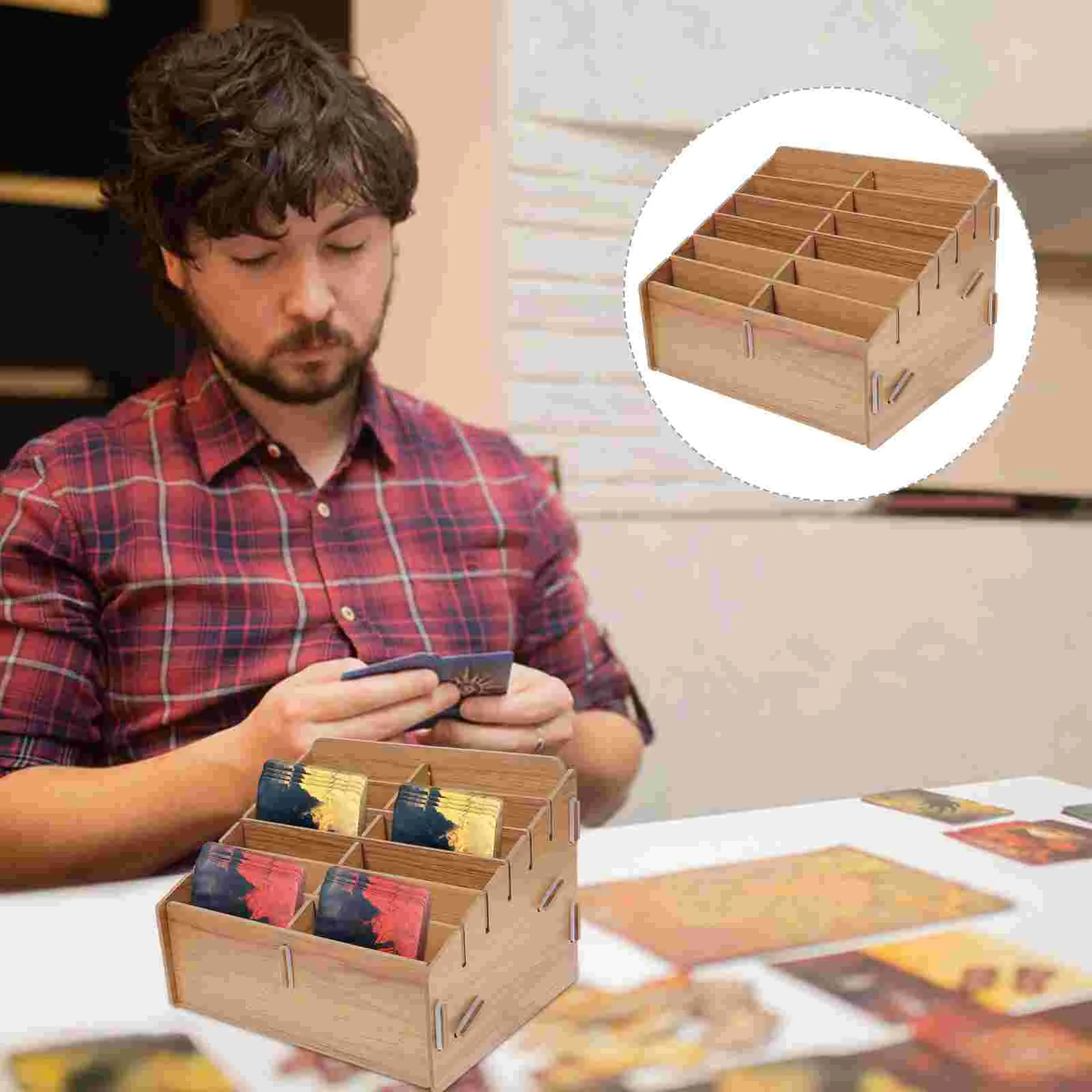 

Box Cell Storage Wooden Organizer Holder Deck Playing Trading Tray Sorting Case Grid Bins Containers Desktop Mobile Games Game