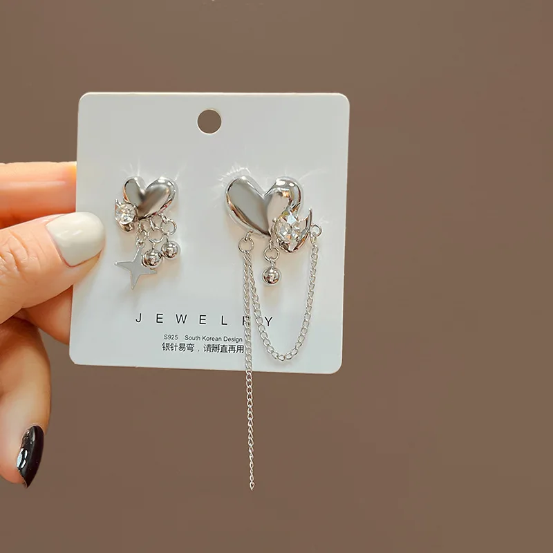 

Silver needles asymmetric love tassel long earrings super flash irregular hundred match sweet cool niche retro ladies earrings