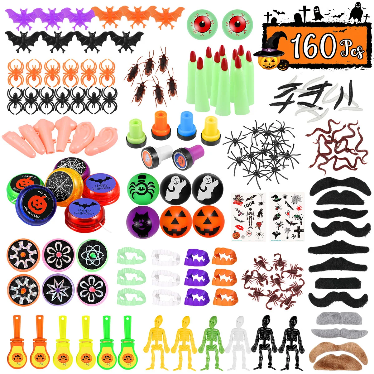 

160pcs Favors Set, Novelty Prefilled Bags, Eyeball, Stamps, Stickers, Witch Fingers,, Spiders,, Bouncy Balls Kids Gift Set for