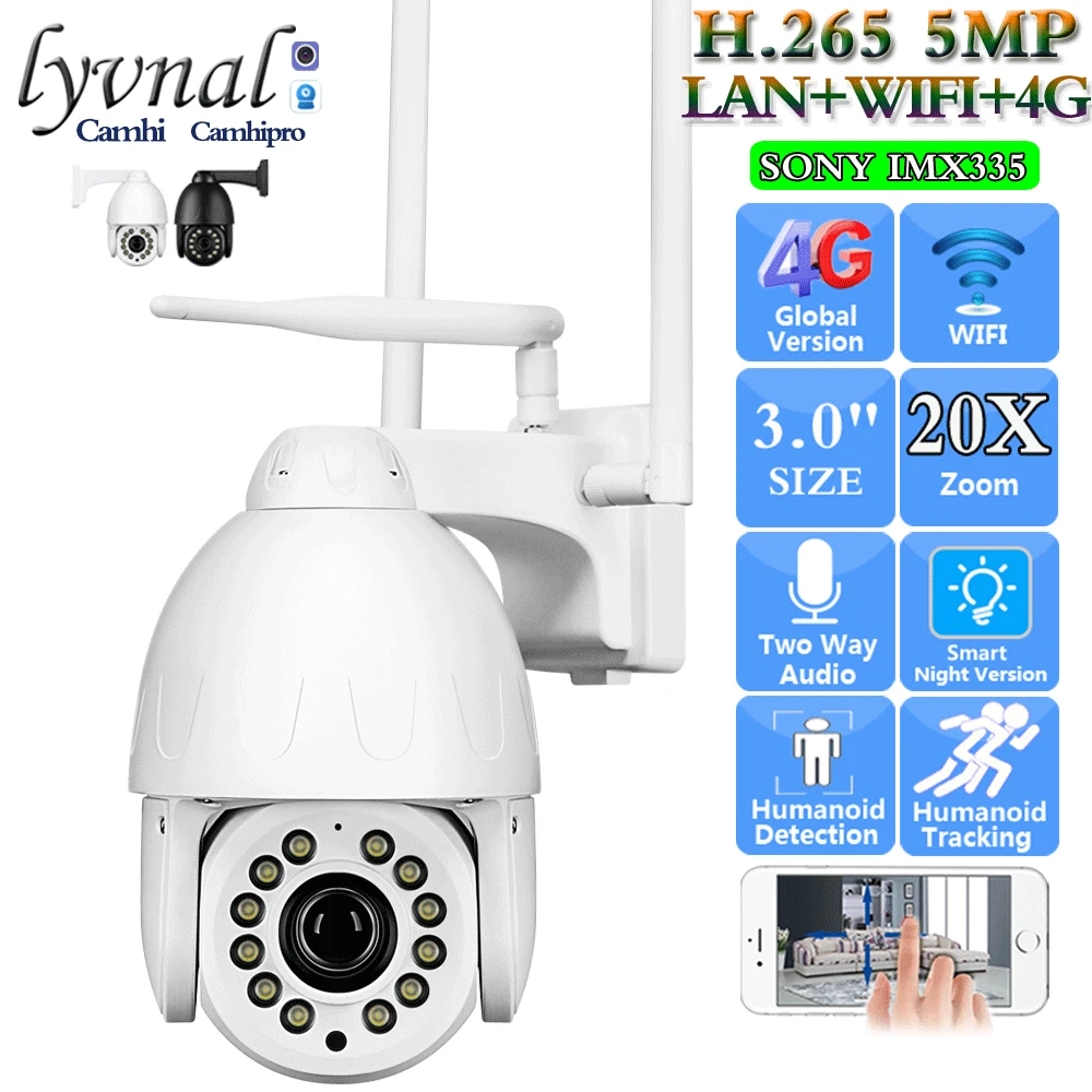 

3G 4G SIM Card Sony335 5MP Wireless IP Camera Wifi PTZ 20X Autofocus Human Track With Auto Zoom Two Way Audio Color Night Vision