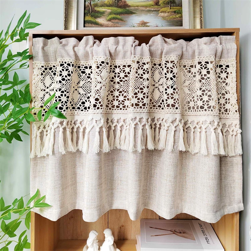 

Японский простой светлый кофе с бежевой кисточкой, полые геометрические кружевные короткие шторы для гостиной, спальни, эркерные шторы