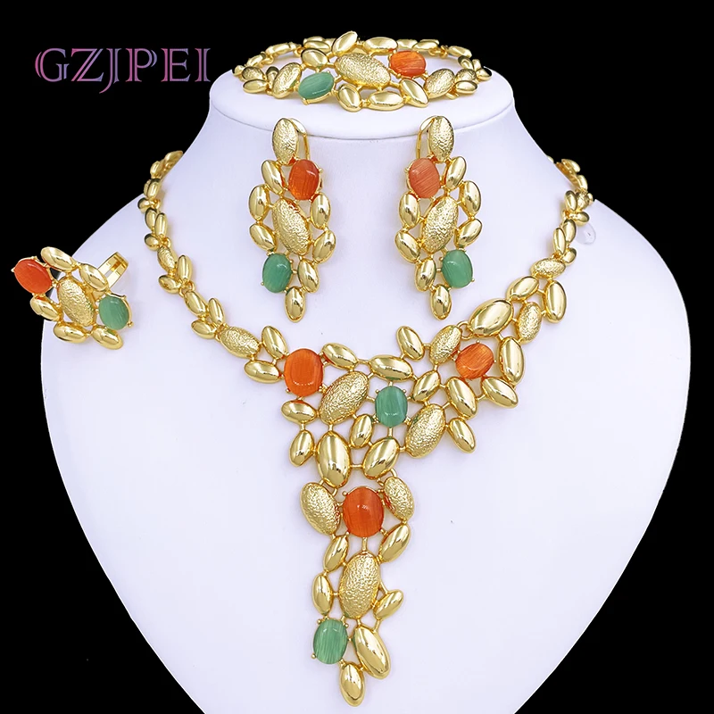 

Elegant Jewelry Set For Women 18K Gold Plated Fashion Opal Jewelry Necklace Earring Ring Bracelet Daily Wear Free Shipping
