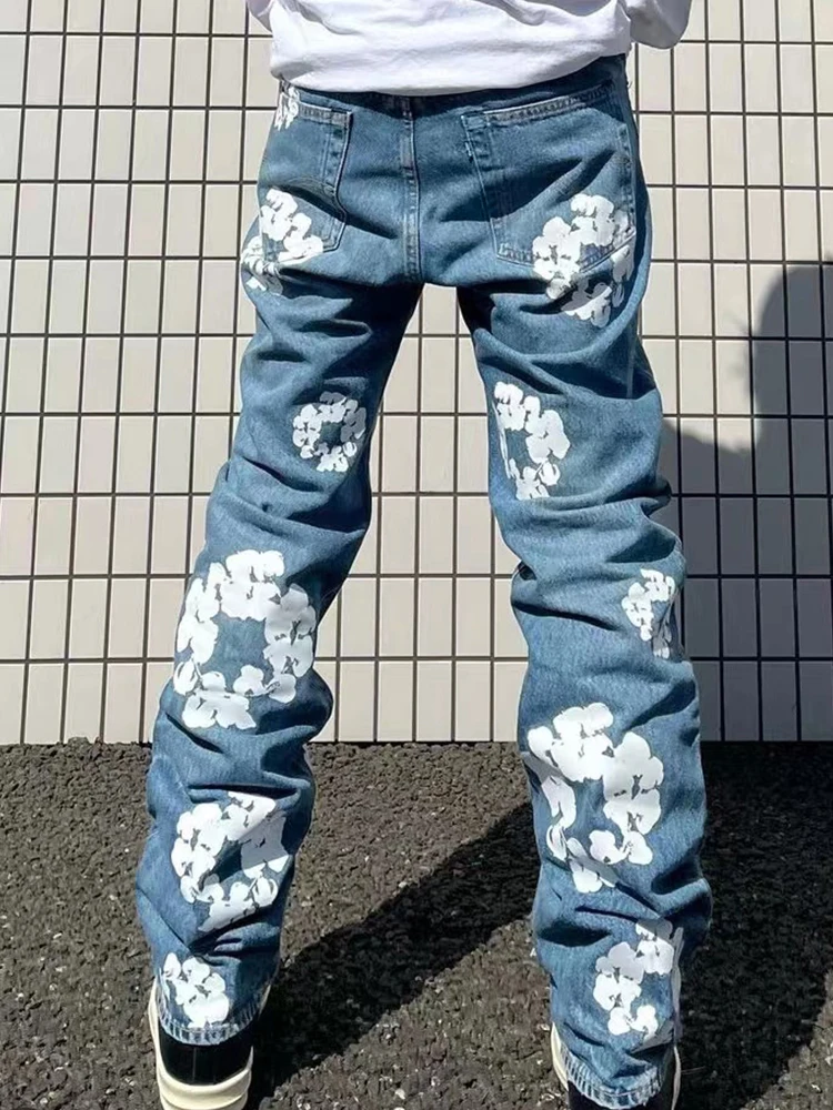 New Arrival Loose Straight Comfy Cotton Denim Pants Trousers Y2K Clothes Streetwear Casual Fashion Flowers Printed Jeans For Men