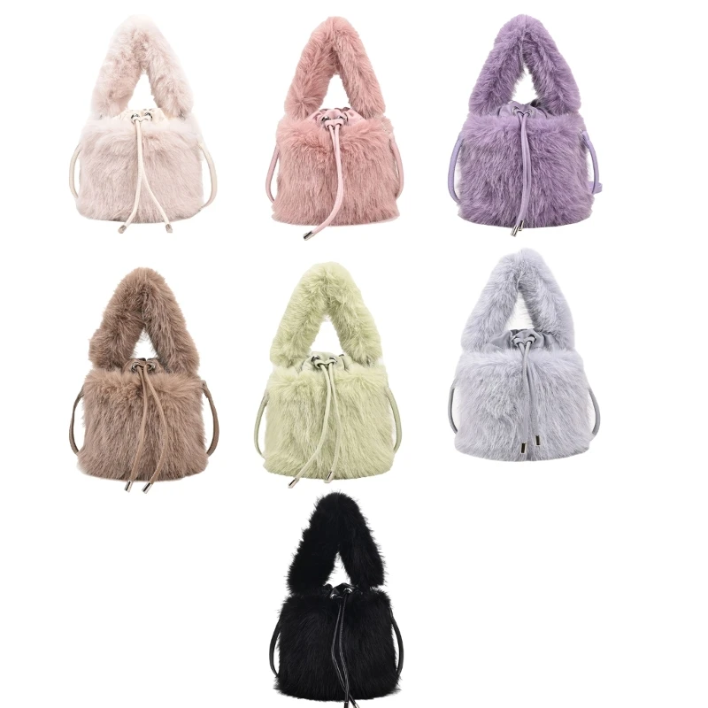 

Fluffys Drawstring Shoulder Bag for Girl Women Solid Color Handbag Bucket Bag