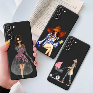 Silicone Case for Samsung Galaxy S20 FE S8 S9 S22 Note 20 Ultra 5G S10 S21 Plus S10e S7 Edge Black Dress girl Fashion Girl Cover