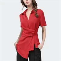 shirt women short sleeve woven summer fashion cardigan temperament commute office lady elegant solid loose midi womens blouses
