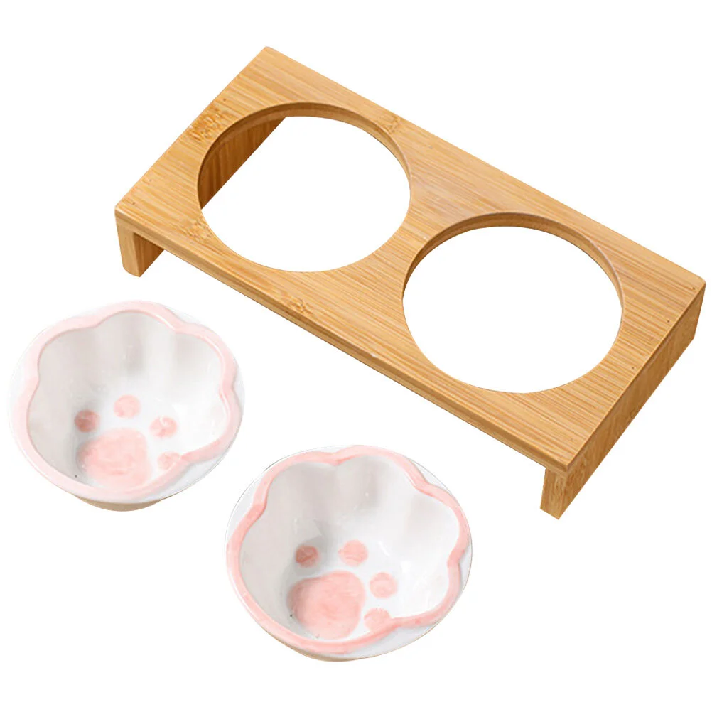 

Cat Bowl Ceramic Kitten Bamboo Stand Household Pet Elevated Lovely Feeding Indoor Supply