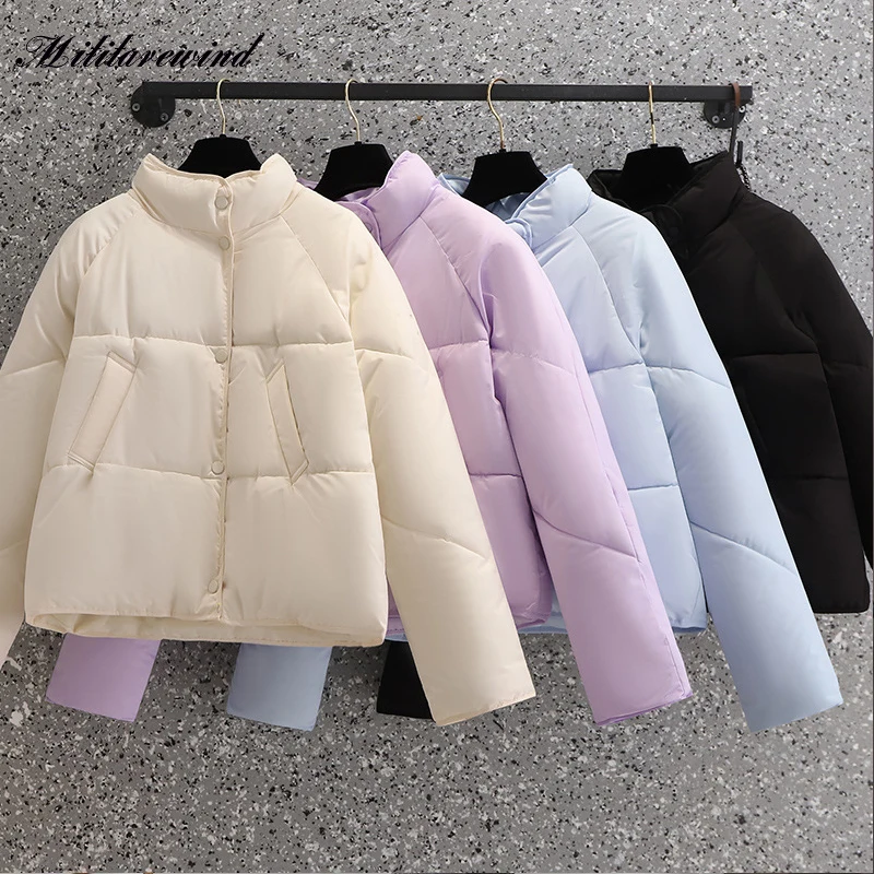 

Korean Solid Autumn Winter Parkas Women Down Cotton Casual Puffer Padded Women's Clothing Thicken Warm Stand Collar Female Coats