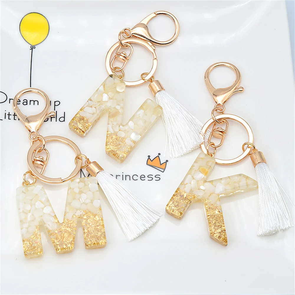 Creative 26 Letter Resin Keychain Pendant With White Tassel Keyring Charms Men Women Bag Ornaments Accessories Souvenir Gifts