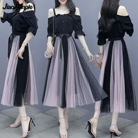 womens dress suit 2022 summer new fashion off the shoulder mesh midi skirt two piece korean elegant clothing bow dresses set