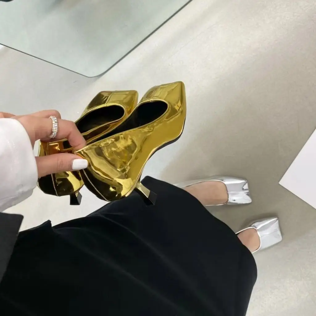 Shinging Women Pumps Square Toe Sexy Gold Silver Thin High Heels Shallow Slip On Party Dress Shoes Office Pumps Elegant Pumps
