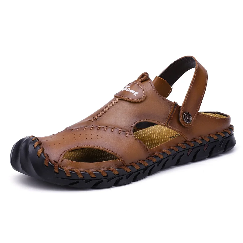 

Big Size Leather Men Sandals Breathable Beach Shoes Brand Designer Roman Soft Handmade Sandal Hight Quality Outdoor Flat Slipper