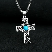 vintage mens celtic cross pendant necklace stainless steel blue stone cross necklace for men women fashion viking jewelry gift