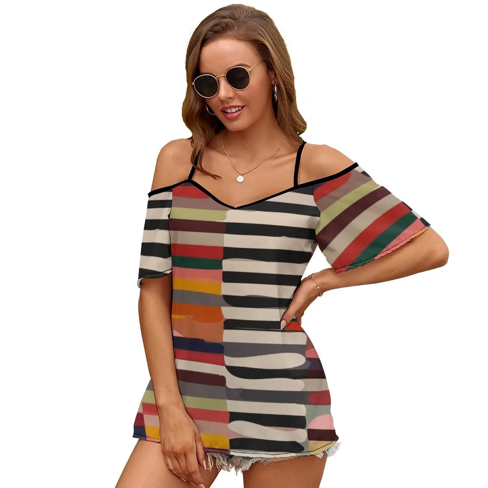 

Etchnic Scandinavian Pattern 2447 Women Print T Shirt Casual Off Shoulder Loose Pullover Tops Fashion Clothes Texture Stripe