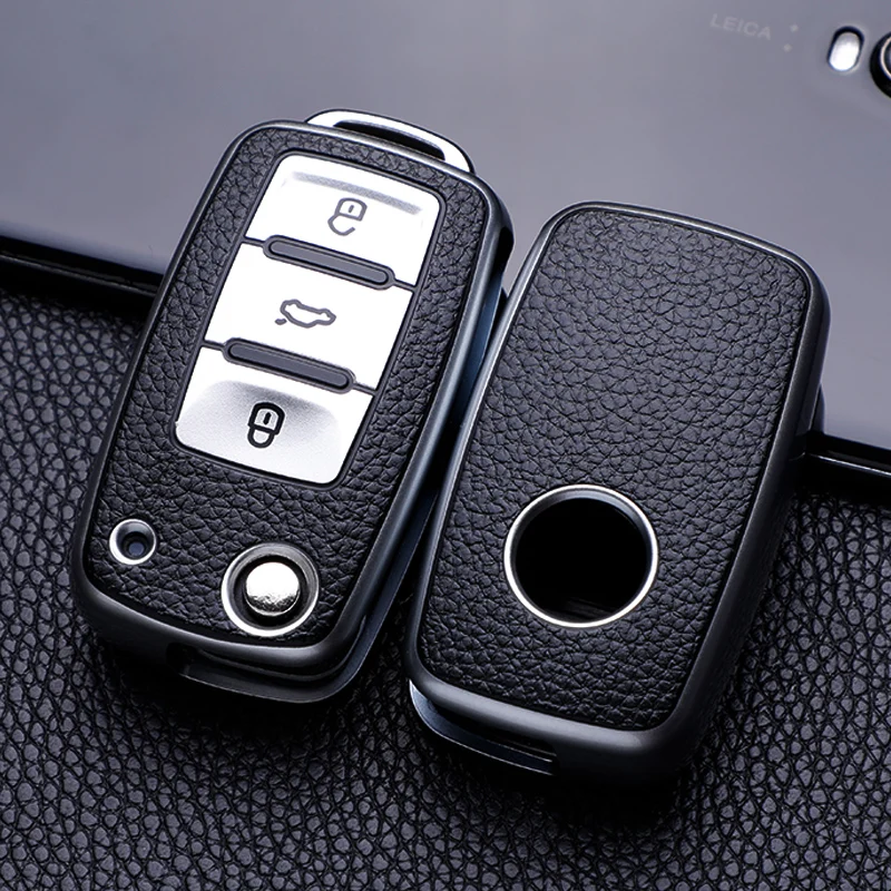 

Leather Car Key Case Keys Full Cover Protection Shell Bag for VW Volkswagen Polo Tiguan Passat Golf Jetta Lavida Skoda Octavia