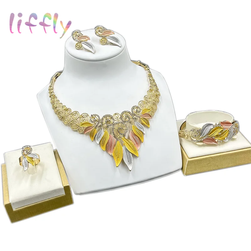 

Liffly, триколор, лист, ожерелье, браслет, серьги, набор колец, очаровательные женские красочные ювелирные изделия, вечерние аксессуары для дев...