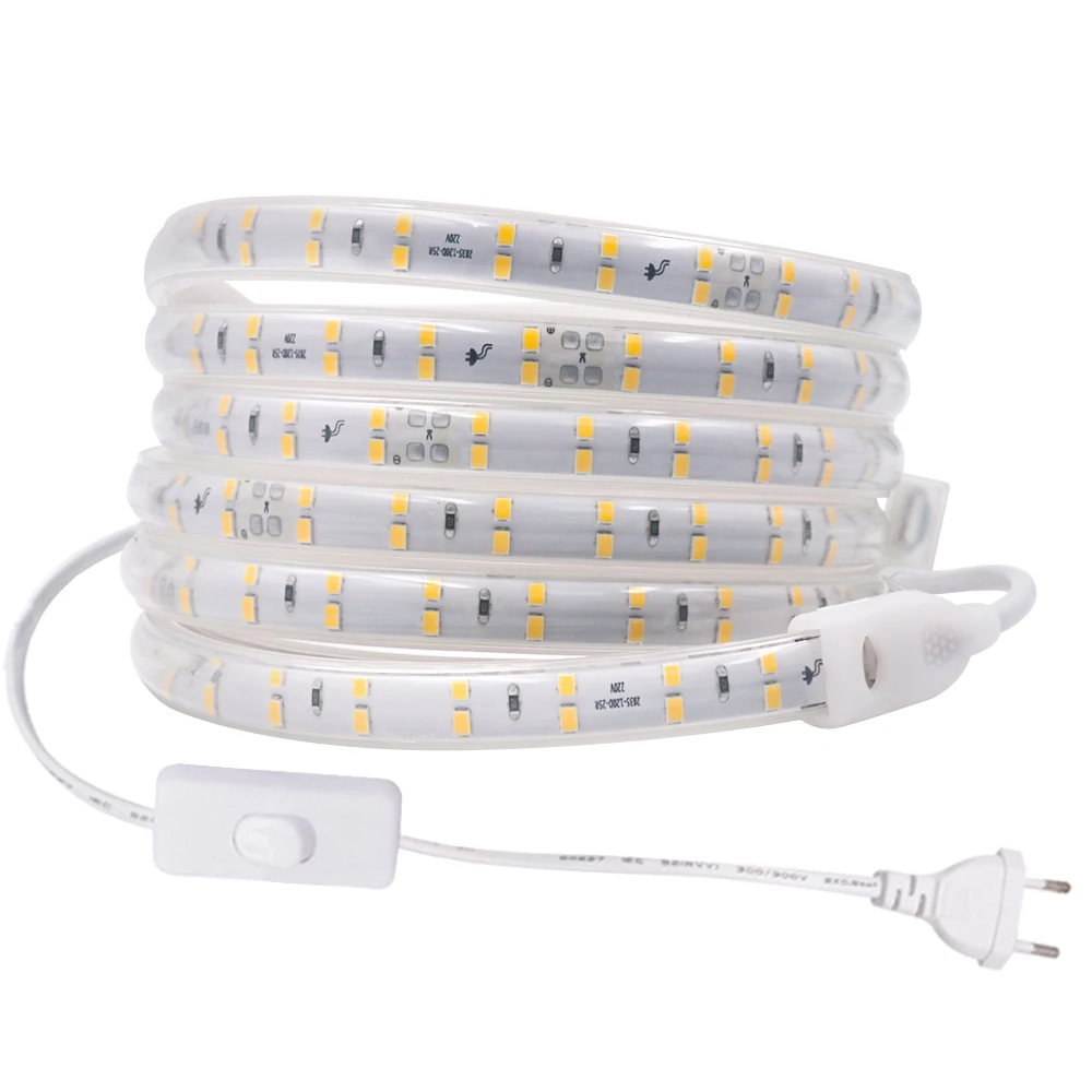 

220V 2835 LED Strip Double Row 120LED/m 20cm Cut Flexible Light Tape With Switch EU Power Plug Led Ribbon Waterproof Decoration