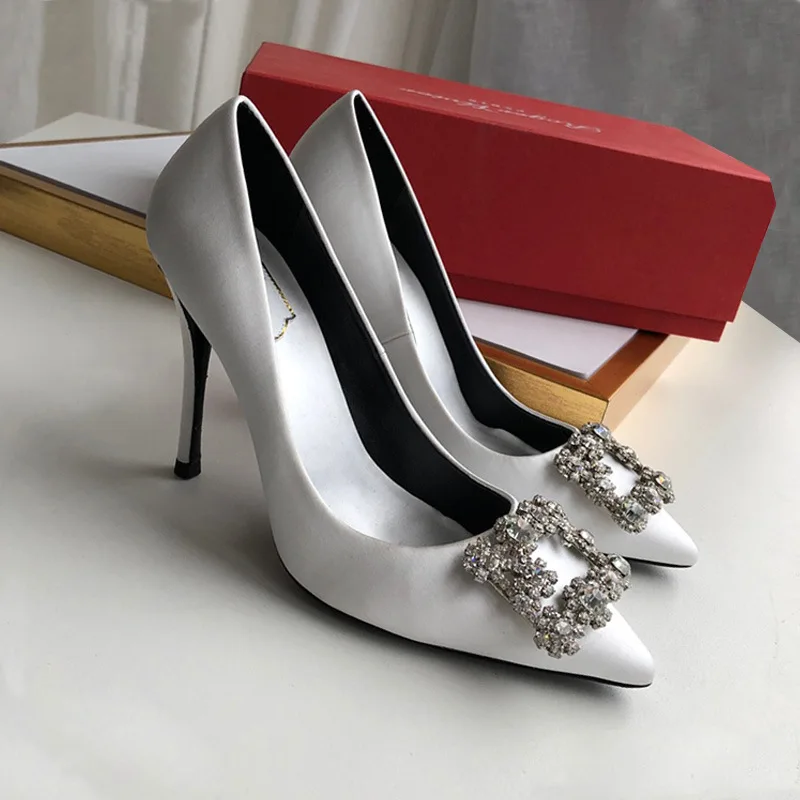 Satin Single Shoes Pointed Rhinestone Leather Leather High -heeled Women's Shoes