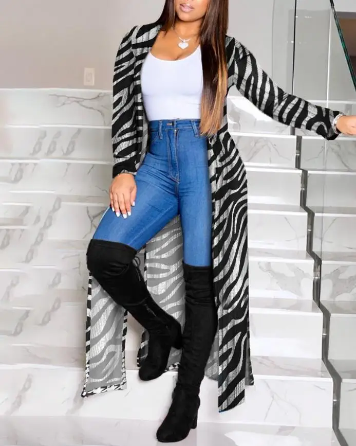 

Jackets for Women 2022 Autumn Fashion Zebra Stripe Print Open Front Split Hem Casual Long Sleeve Daily Longline Coat
