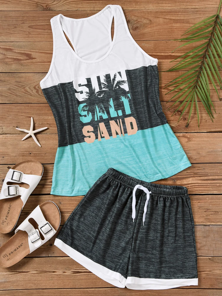Women Summer Pajamas Set Sexy Home Clothes Sleepwear Tank Top Suits with Shorts Sun Salt Sand Color Block Coconut Tree ightwear