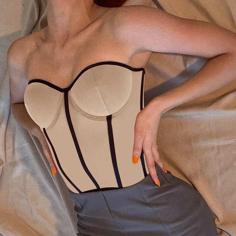 

Sleeveless Off Shoulder Stripe Fashion Sexy Corset Crop Tops Vest Female Underwear Backless Bustier Top Solid