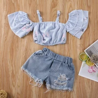 cute fashion kids baby girls clothes sets floral print off shoulder tops ripped denim shorts set outfit 0 3years