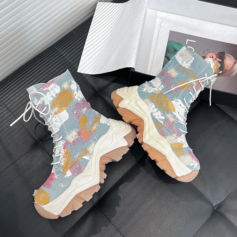 

Women Chunky Wedge Boots 2022 Thick Sole Platform Vulcanize Shoes Woman Casual 6CM Canvas Denim blue Shoes High Heels