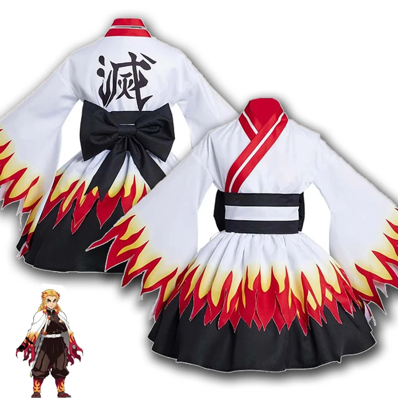 

Vintage Japanese Anime Kimetsu no Yaiba Cosplay Costumes Kyoujurou Rengoku Kimono Loli Lolita Dress Maid Outfits Halloween Party