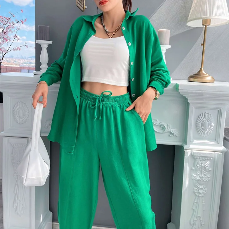 

Chic Elegant Woman Pants Set Long Sleeve Turn Down Collar Button Long Shirts Clothing Loose Casual Office Lady Two Pieces Set