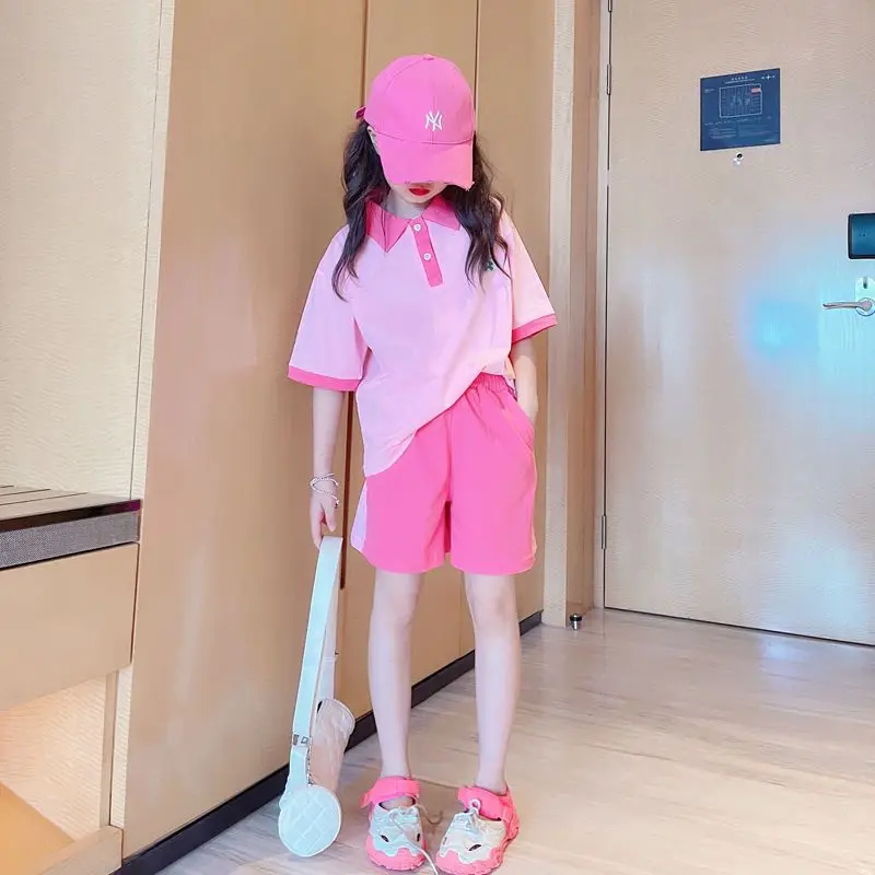 

Girl Summer Sweet Turn Down T-Shirt Tops+Shorts Pant Sets Children Tracksuit Kids 2PCS Outfit Preppy Suit 5 6 8 10 12 14 Years