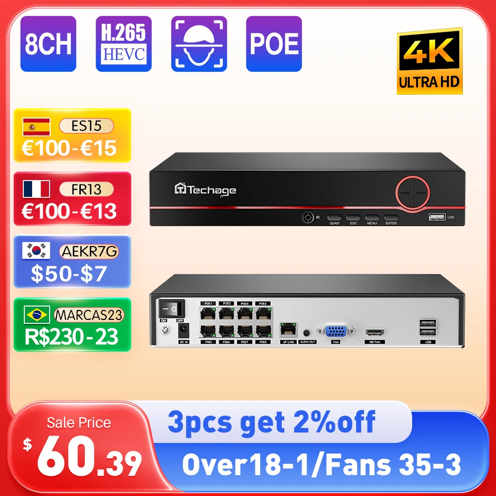 Система видеонаблюдения Techage, 8 каналов, H.265, 4K, 8 Мп, 5 Мп, POE, NVR, для IP-камер POE, аудиовход до 14 ТБ