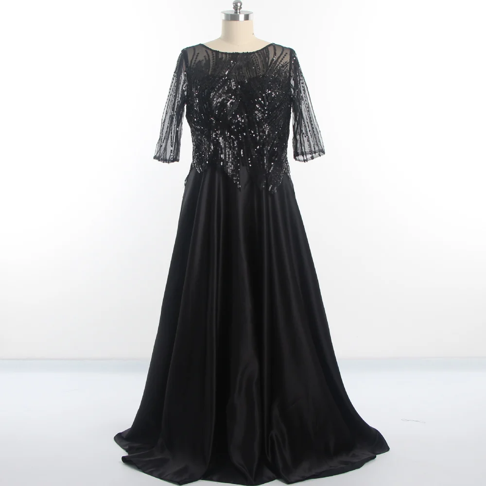 

Evening Dresses Black O-neck Half Sleeves Sequins Satin A-line Floor length Plus size Zipper Back Women 2022 Party Dress E1066