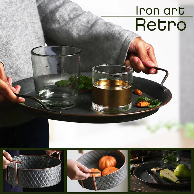 Поднос ручной работы из кованого металла в стиле ретро для хранения еды чая хлеба