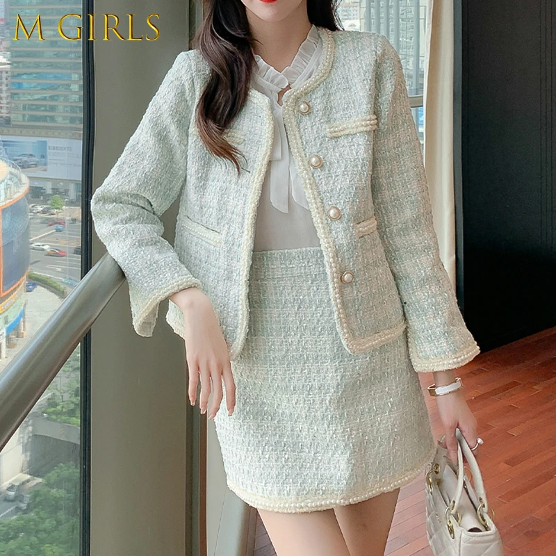 Korean Style Women's Outfits Tweed Two Piece Set Small Fragrance Long Sleeve Ingle Breasted Woolen Coat + High Waist Skirt Suits