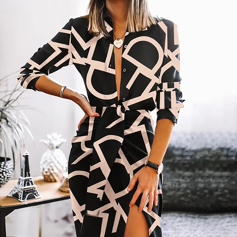 

Elegant Women's Dresses Letter Slit Spring 2022 New Bodycon Dress Long Sleeves Button Dress