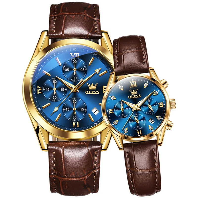 OLEVS Lover Watches Top Brand Luxury Couple Quartz Watch Waterproof Leather Watch Strap Watch for Women and Men Couple Gift