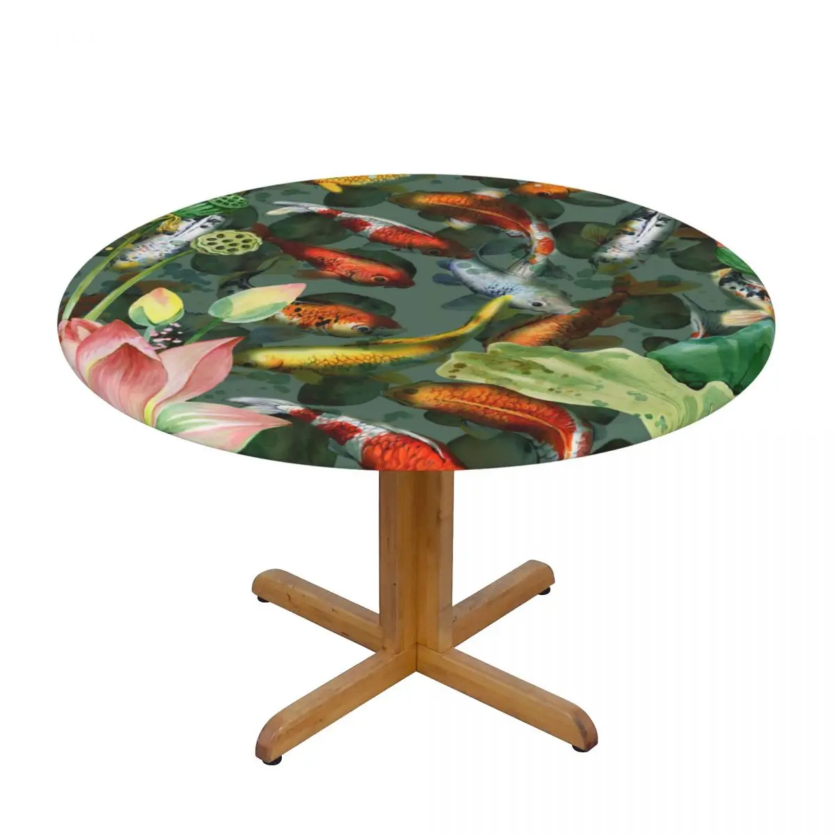 

1Pc Waterproof Tablecloths Round Elastic Tablecloth Japan Koi Carp Fish In Lotus Pond Table Cloth Cover Coffee Table Pad